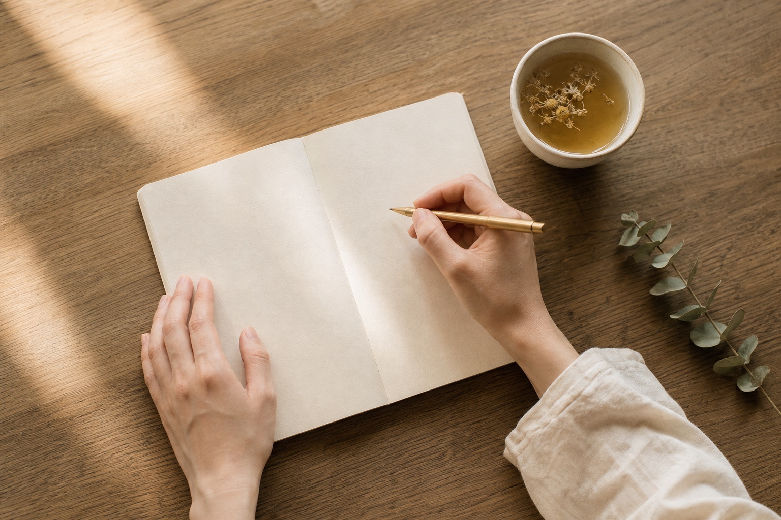 木のテーブルでノートに書きものをする手元と、カモミールティー