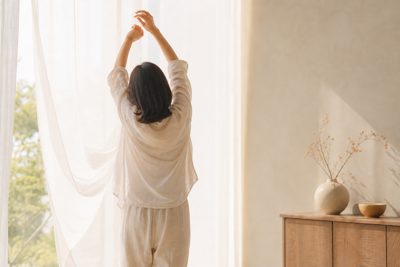 明るい部屋で軽やかに両手を上げて伸びをする女性の後ろ姿